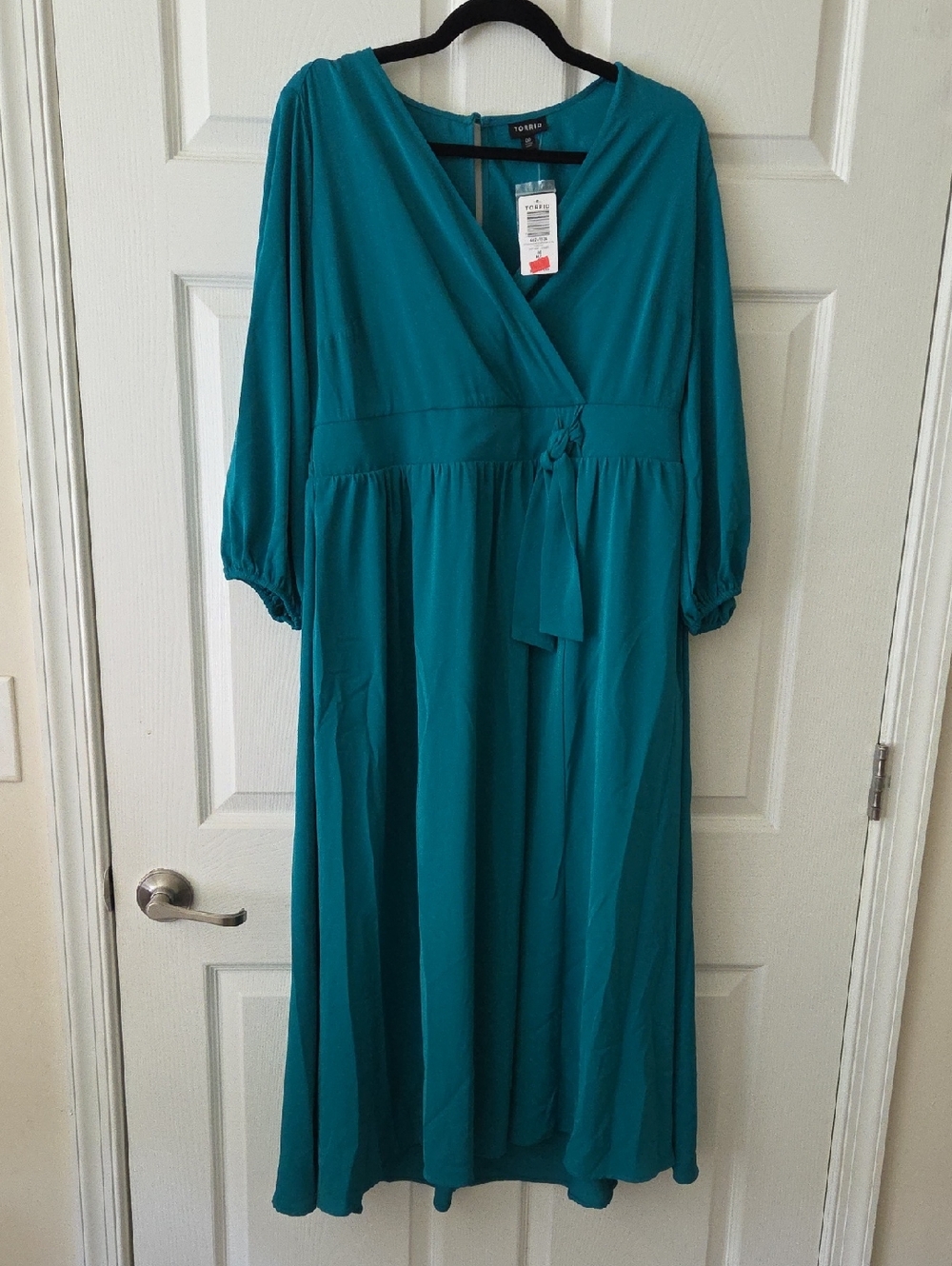 Teal Wrap Midi Dress Three Quarter Sleeve